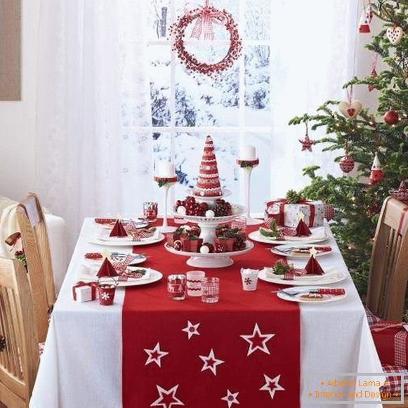 Декор на Нова Година маса со свои раце во црвена и бела боја