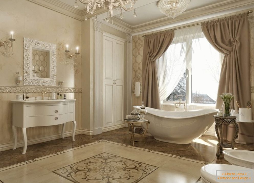 Прозорец со завеси во бањата во класичен стил