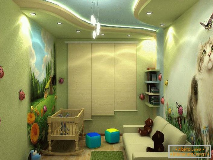 Светла дизајн на детска соба со шарени цртежи како момче и девојче. 