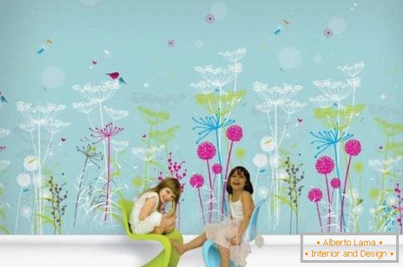 Детска ѕидна хартија за девојки - слика во сина боја
