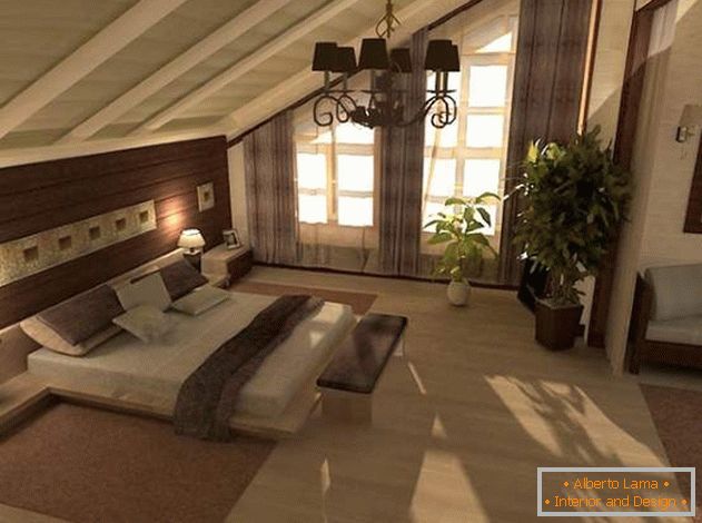 Модерен дизајн на спалната соба во таванот во селската куќа