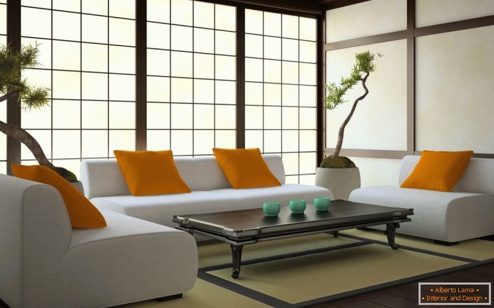 Дневна соба во јапонски стил со светлыми стенами и темным полом