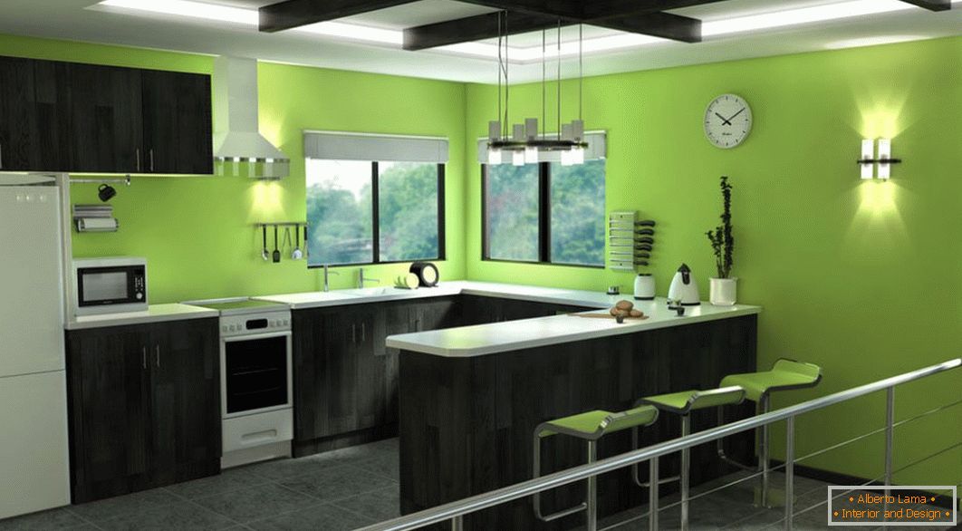 Зелена кујна со црн мебел