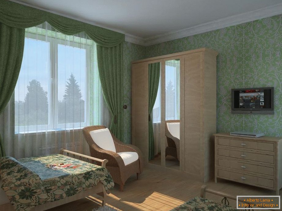 Спалната соба с зелеными обоями