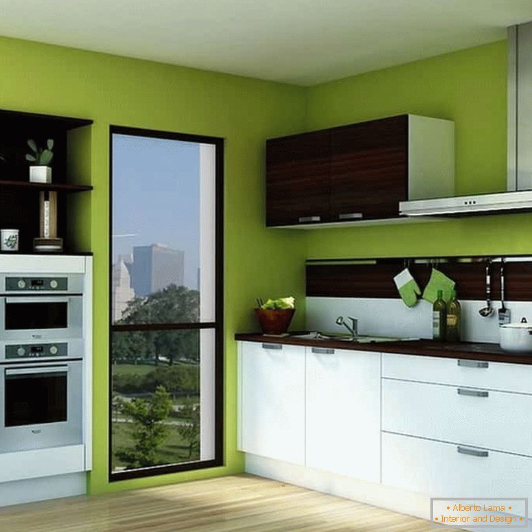 Светла зелена боја на ѕидовите и белата кујна