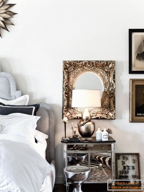 Гламурозна спална соба со огледална мебел и декор