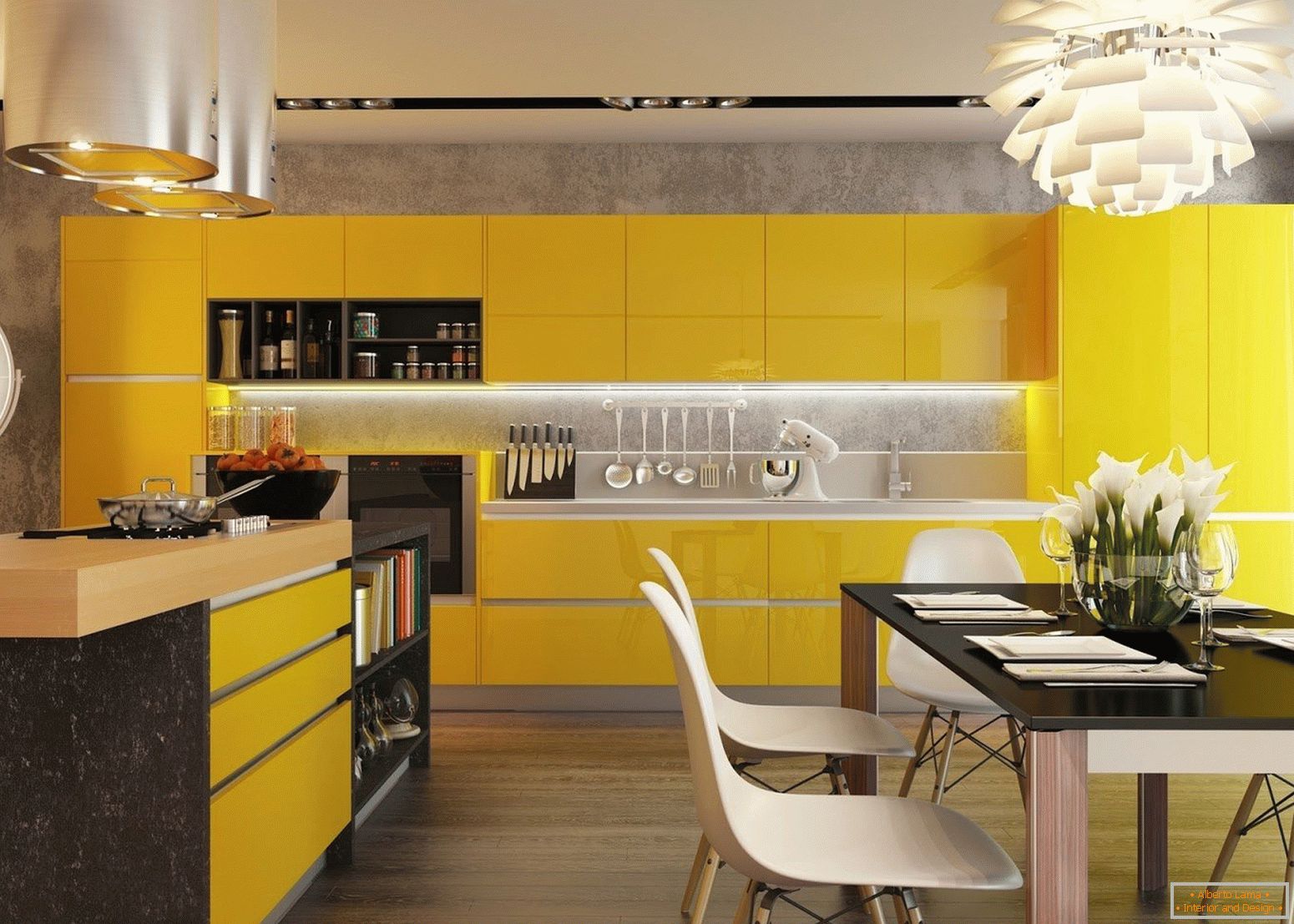 Кујна с желтыми фасадами и черным столом