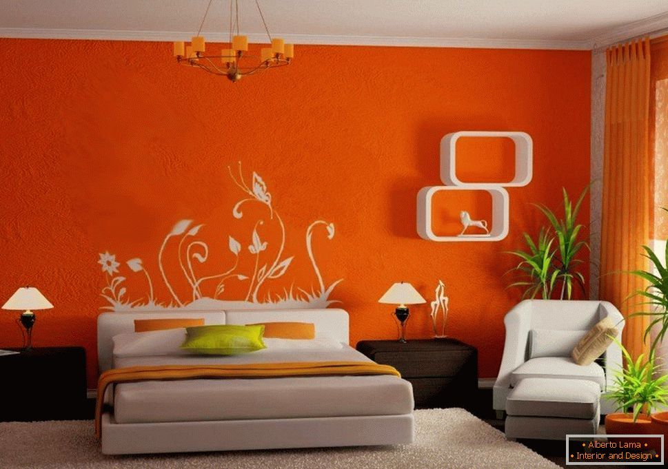 Комбинацијата на портокалови ѕидови и бел мебел